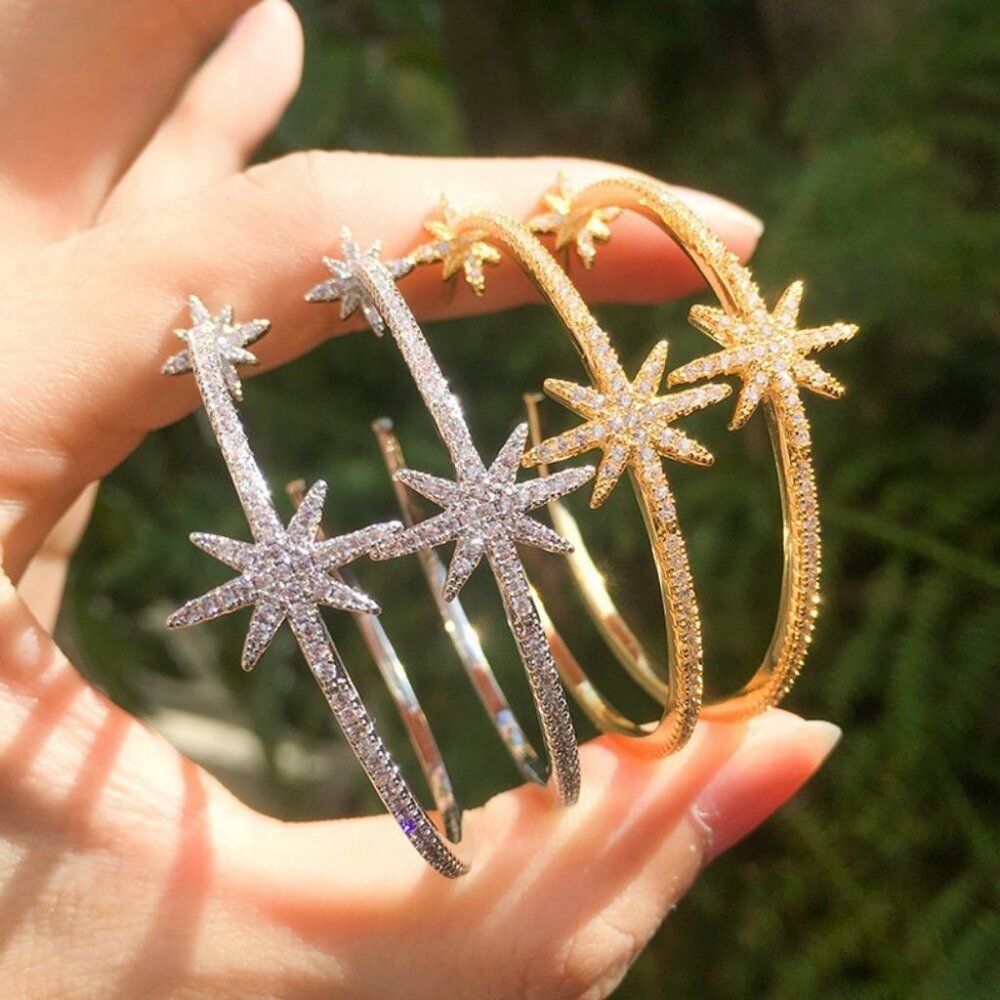 NEW Silver/Gold Diamond Double Star Hoop Earrings